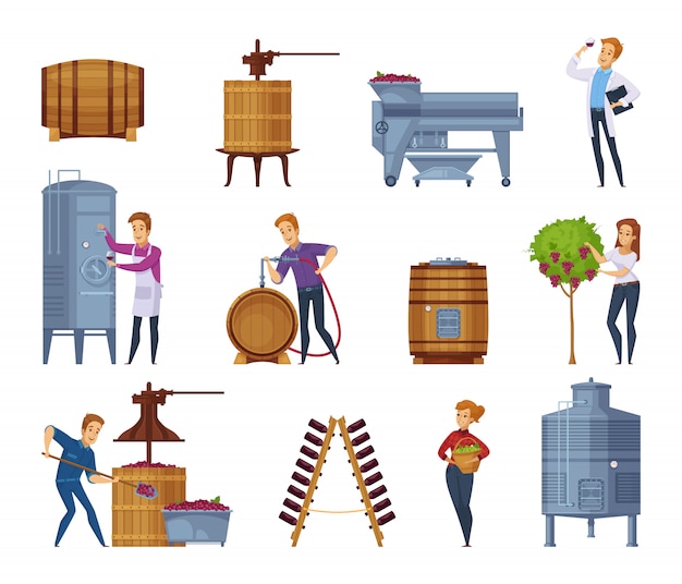 Conjunto de iconos de dibujos animados de producción de vino