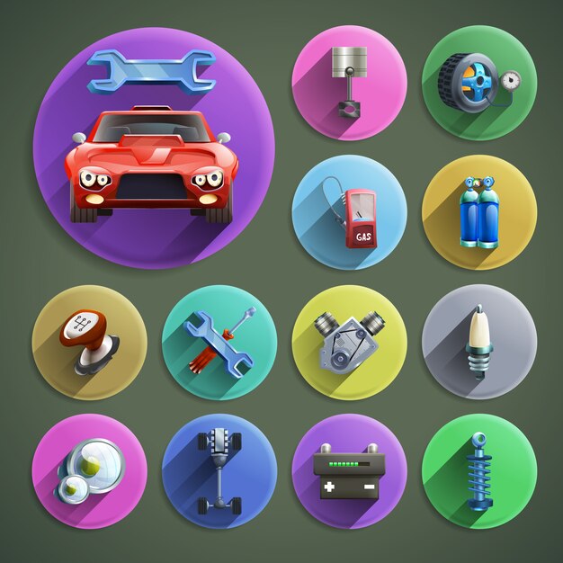 Conjunto de iconos de dibujos animados de reparación de automóviles