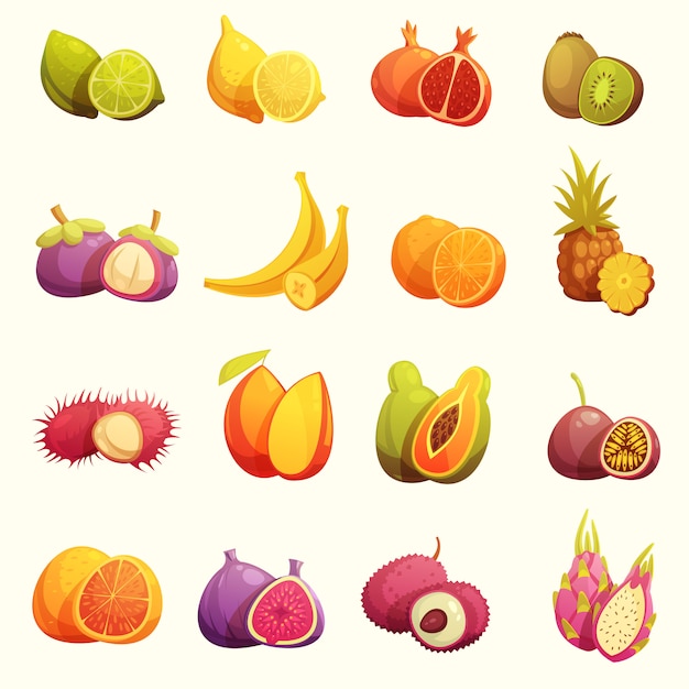 Conjunto de iconos de dibujos animados retro de frutas tropicales