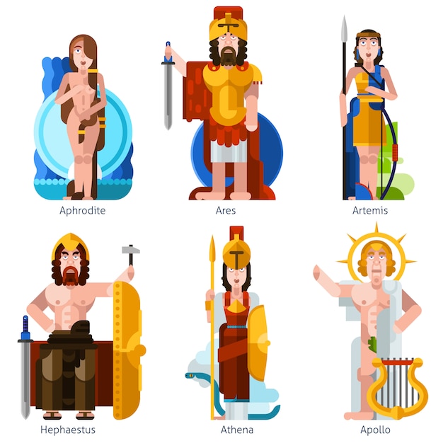 Vector gratuito conjunto de iconos de dioses olímpicos de color plano