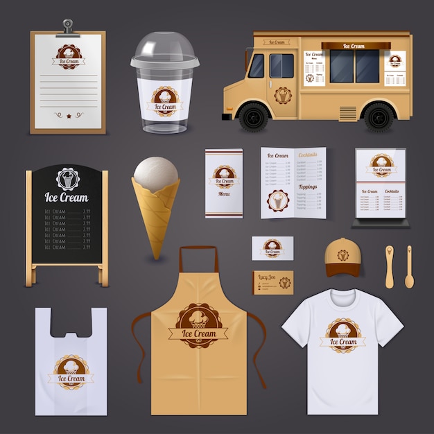 Vector gratuito conjunto de iconos de diseño realista de identidad corporativa de helado