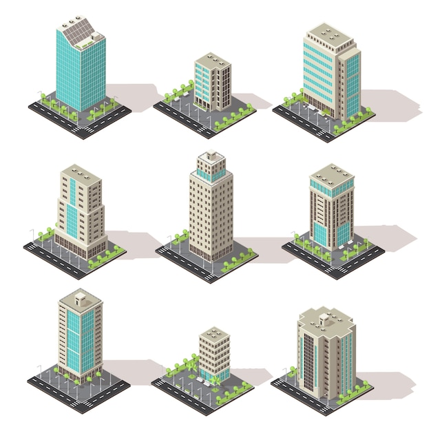 Vector gratuito conjunto de iconos de edificios de oficinas isométrica