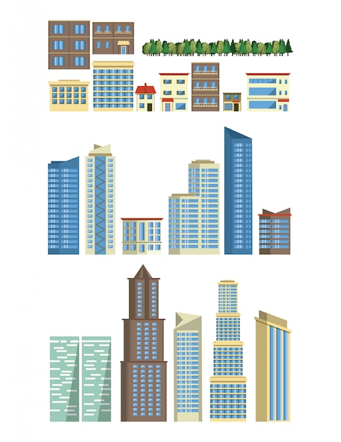 Conjunto de iconos de edificios urbanos y skyscapers