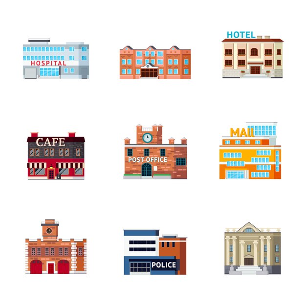 Conjunto de iconos de edificios urbanos
