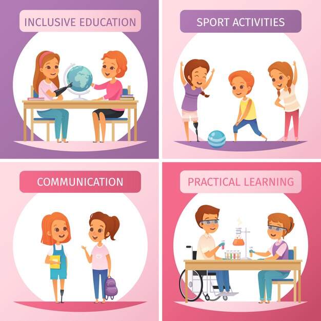 Conjunto de iconos de educación inclusiva de cuatro cuadrados con educación inclusiva, comunicación, actividades deportivas y descripciones de aprendizaje práctico