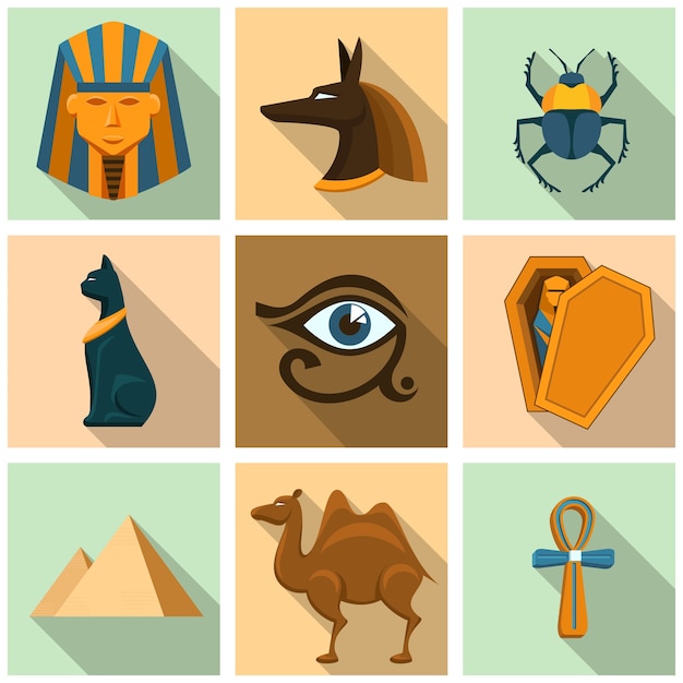 Vector gratuito conjunto de iconos de egipto. pirámide, ataúd y sarcófago, momia y secreto, arqueología y esfinge, camello y escarabajo