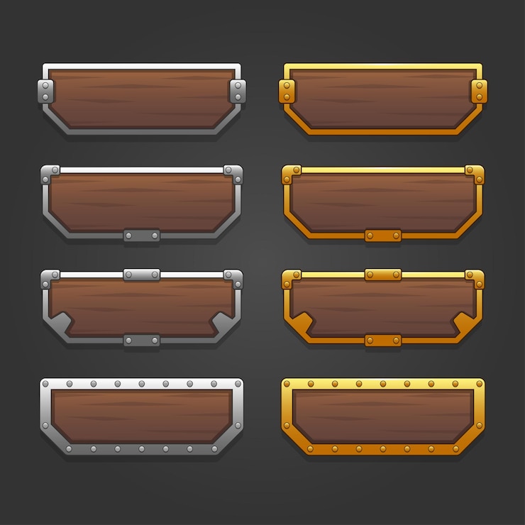Vector gratuito conjunto de iconos para elementos de juego isométricos, colorida ilustración vectorial aislada de botones de marco dorado y plateado para el concepto de juego plano abstracto