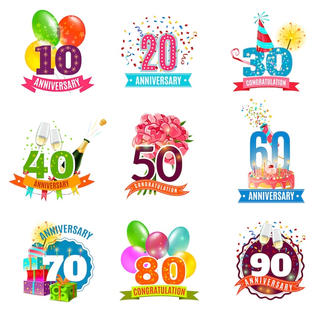 Conjunto de iconos de emblemas de cumpleaños de aniversario