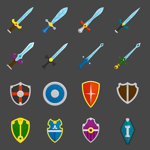 Conjunto de iconos de emblemas de espadas de escudo