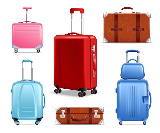 Conjunto de iconos de equipaje de viaje realista maletas de diferentes estilos, tamaños y colores ilustración vectorial