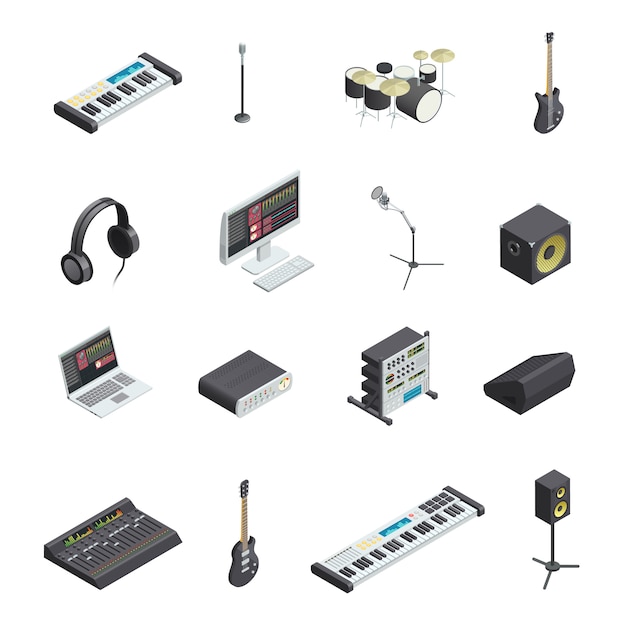 Conjunto de iconos de equipo de estudio de grabación de música aislada con varios módulos de instrumentos musicales y mixin
