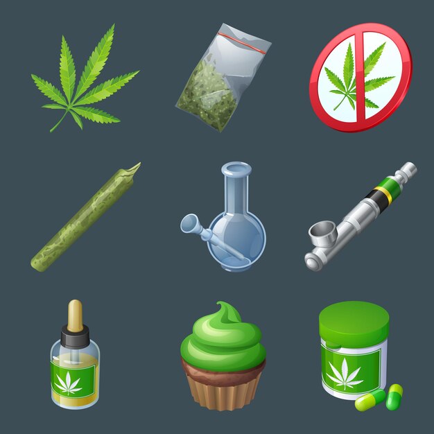 Conjunto de iconos de equipos y producción de cannabis