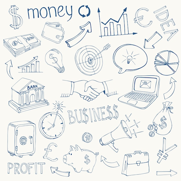 Conjunto de iconos de esbozo de doodle de infografía de negocios y dinero en blanco y negro que representan la inversión