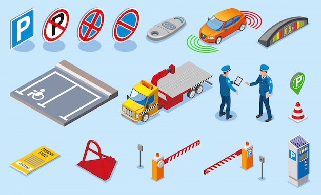 Conjunto de iconos de estacionamiento color isométrica