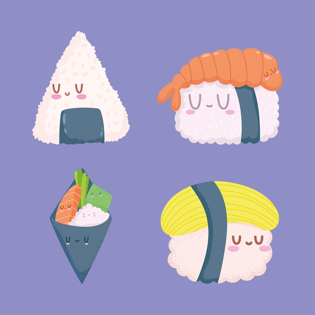 Vector gratuito conjunto de iconos estilo kawaii sushi