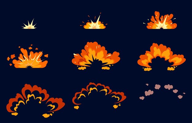 Conjunto de iconos de explosión de bomba animación paso a paso con efecto boom en negro