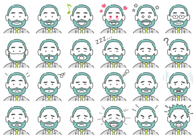 Conjunto de iconos de expresiones faciales vectoriales de empresario aislado en un fondo blanco.