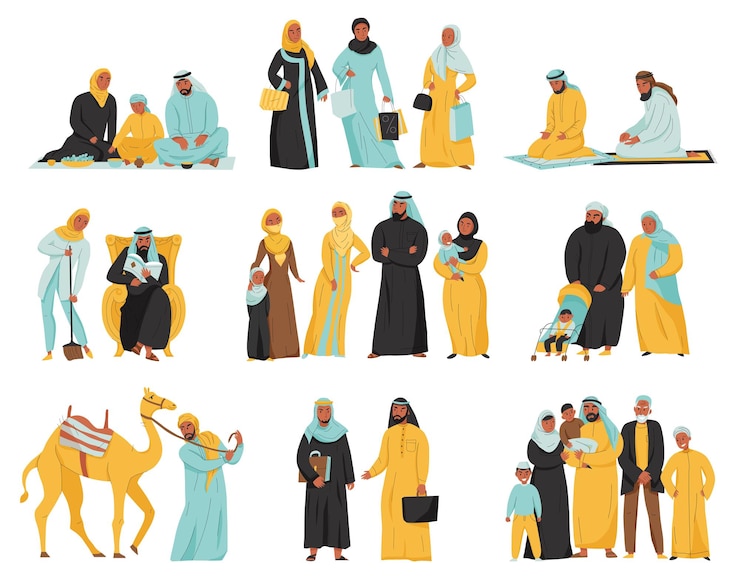 Vector gratuito conjunto de iconos de la familia árabe con diferentes personas y niños de la familia padres y animales ilustración vectorial