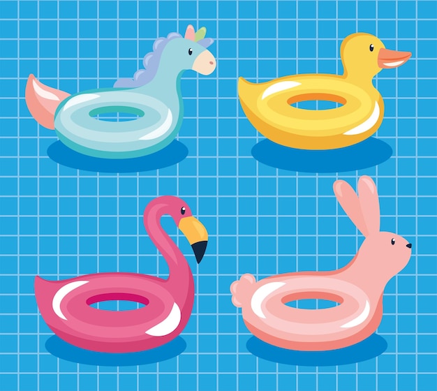 Vector gratuito conjunto de iconos de flotadores de anillo de piscina de animales