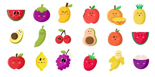 Conjunto de iconos de frutas de dibujos animados coloridos Manzana pera fresa naranja melocotón ciruela plátano sandía piña papaya uvas cereza kiwi limón mango Ilustración vectorial