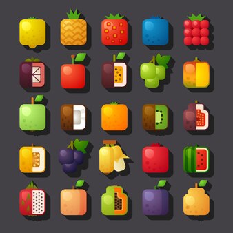 Conjunto de iconos de frutas en forma cuadrada