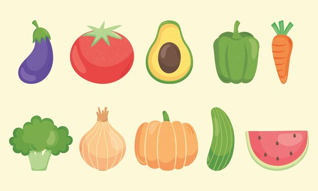 conjunto de iconos de frutas y verduras