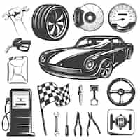 Vector gratuito conjunto de iconos de garaje negro de reparación de automóviles con accesorios de herramientas y equipos para la ilustración de vector de taller de reparación de automóviles