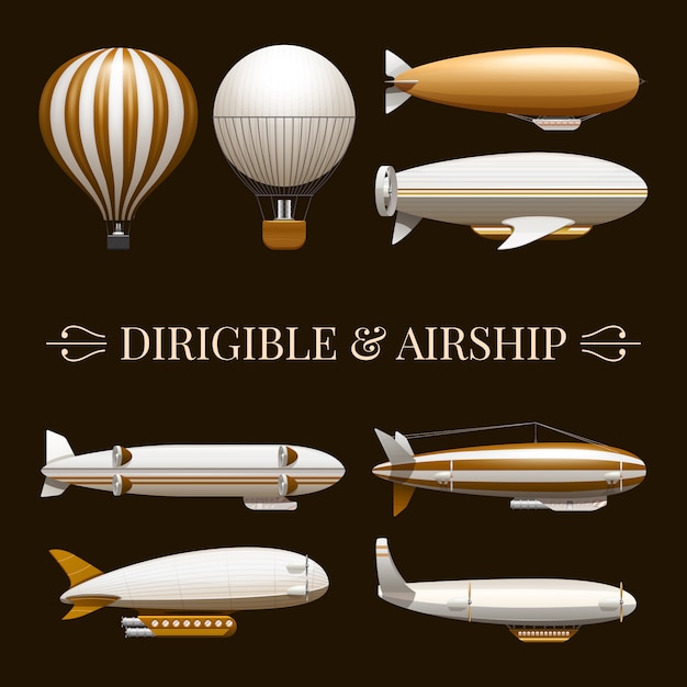 Conjunto de iconos de globo y dirigible