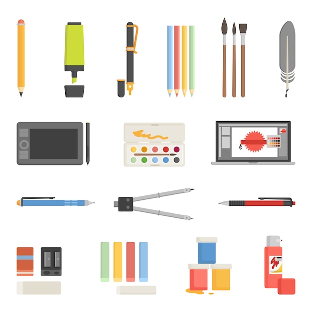 Vector gratuito conjunto de iconos de herramientas de dibujo plano