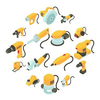 Conjunto de iconos de herramientas eléctricas, estilo de dibujos isométricos