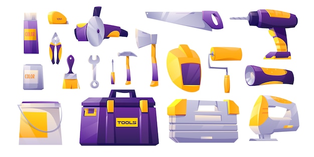 Conjunto de iconos de herramientas, instrumentos de taller de construcción de hardware