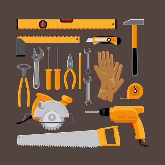 Conjunto de iconos de herramientas de mano en estilo plano. Martillo y sierra circular, taladro y guantes. Ilustración vectorial