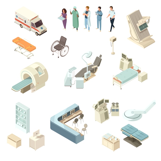 Vector gratuito conjunto de iconos de hospital isométrica