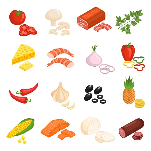 Conjunto de iconos de ingredientes de pizza