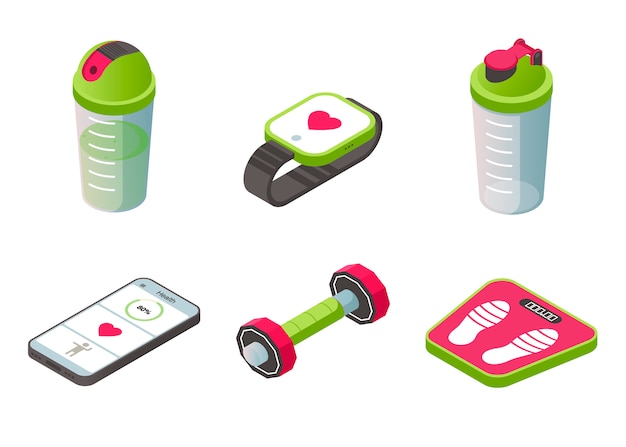 Vector gratuito conjunto de iconos isométricos accesorios portátiles de deporte