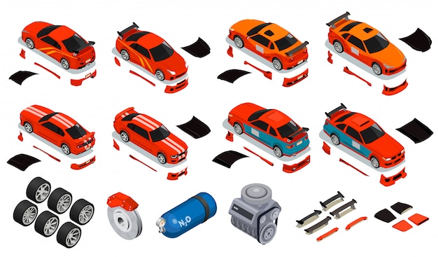 Conjunto de iconos isométricos de ajuste del automóvil para mejorar las ruedas, llantas, neumáticos, contenedor de gas de óxido nitroso, desbloqueo del kit de carrocería