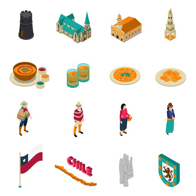 Conjunto de iconos isométricos de atracciones turísticas de Chile