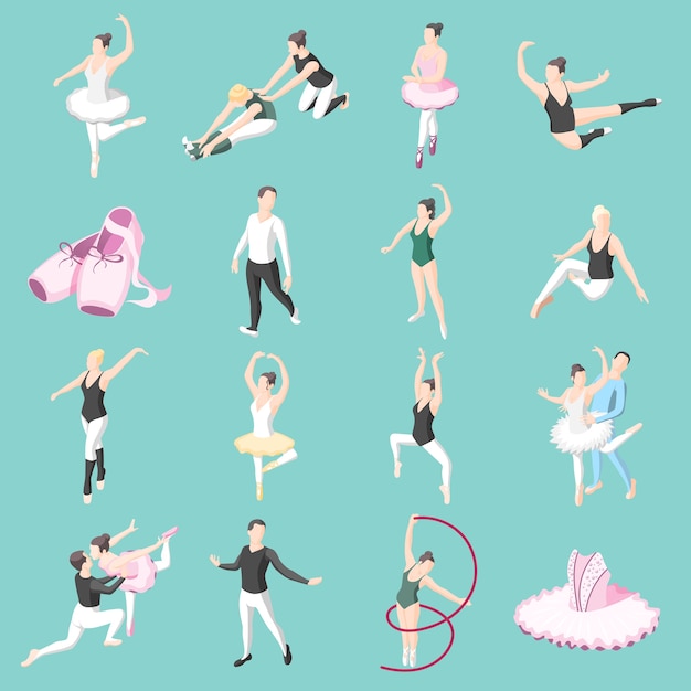 Conjunto de iconos isométricos de ballet de bailarinas de parejas bailarinas en poses de baile y ejercicios de entrenamiento