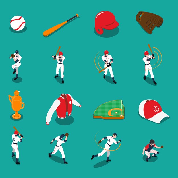 Conjunto de iconos isométricos de béisbol