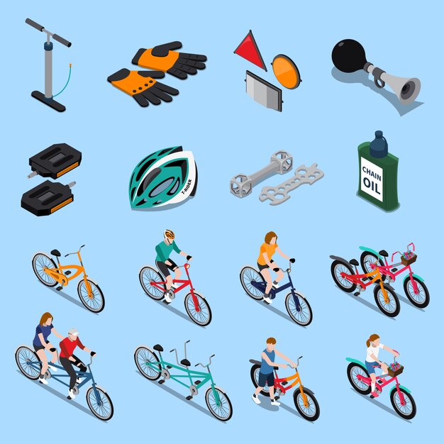 Conjunto de iconos isométricos de bicicleta