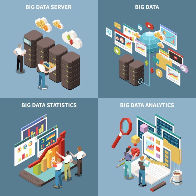 Conjunto de iconos isométricos de Big Data Analytics con estadísticas de servidor y descripciones de análisis.