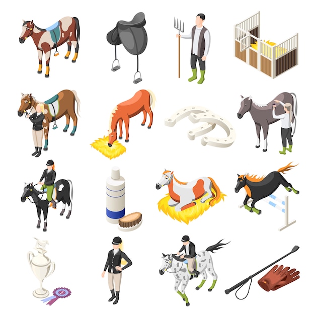 Vector gratuito conjunto de iconos isométricos a caballo