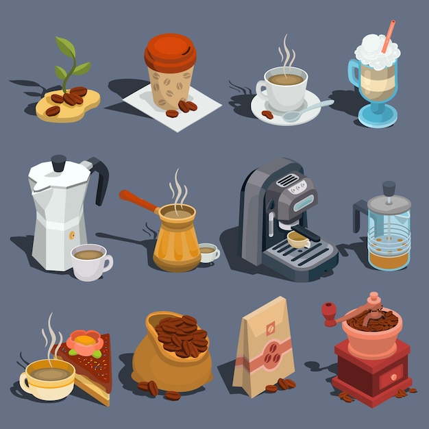 Conjunto de iconos isométricos de café vector, pegatinas, impresiones, elementos de diseño