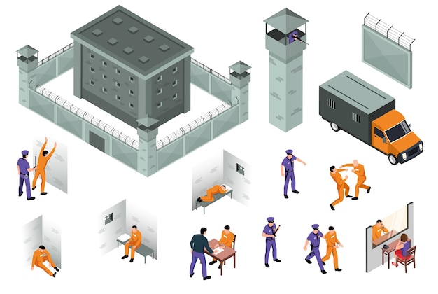 Conjunto de iconos isométricos de la cárcel del edificio de la prisión rodeado por una cerca con alambre de púas y torres y un camión especial para el transporte de prisioneros y la ilustración vectorial arrestada