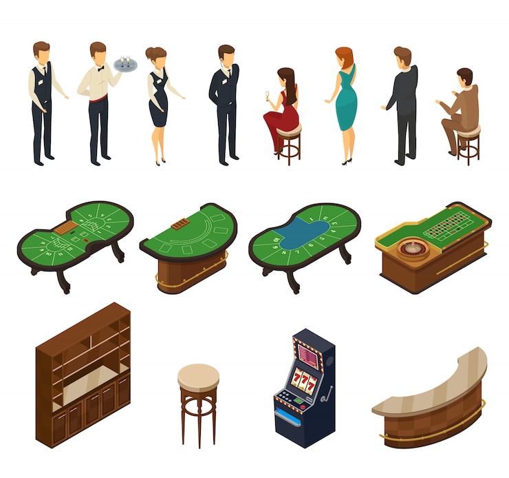 Vector gratuito conjunto de iconos isométricos de casino aislados y coloreados con muebles de salas y personal de servicio