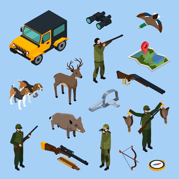 Conjunto de iconos isométricos de caza