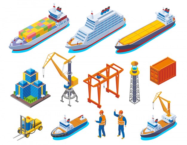 Conjunto de iconos isométricos de color de puerto con barcos aislados grúas barcos y trabajadores ilustración