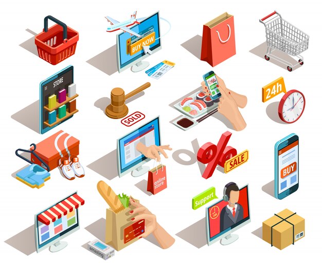 Conjunto de iconos isométricos de comercio electrónico de compras