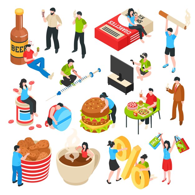 Conjunto de iconos isométricos de comida rápida de personajes humanos con malos hábitos alcohol y adicción a las compras de drogas
