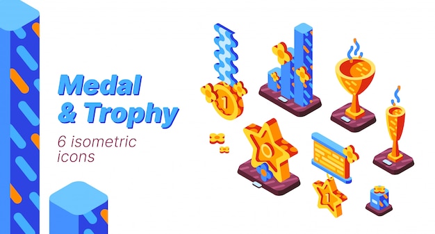 Conjunto de iconos isométricos de competencia medalla y trofeo